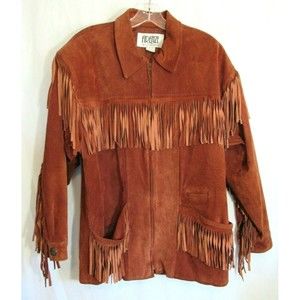 Firenze Santa Barbara Brown Fringe Zip Close Lined Jacket Coat Size Medium EUC